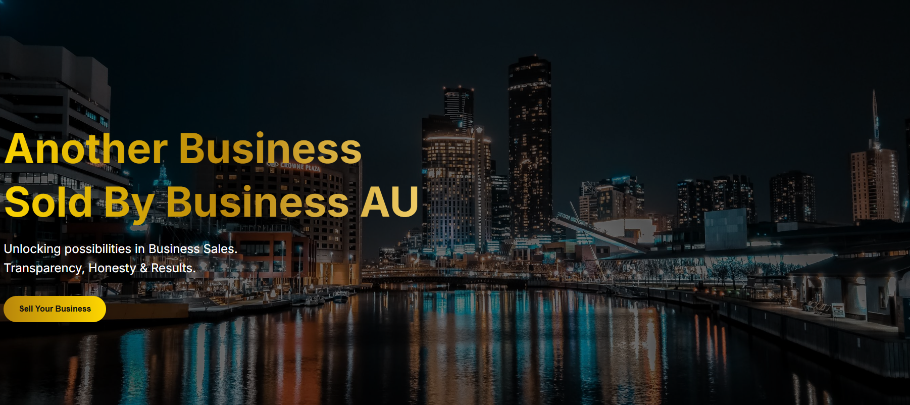 Night city skyline over a river with a black overlay reading "Another Business Sold by Business AU"